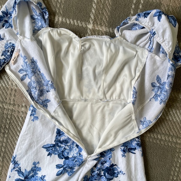 Francesca’s Mi Ami linen blend blue floral midi sweetheart puff sleeve dress S - Picture 5 of 7